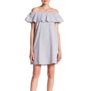 Eliza J Blue Stripe Seersucker off Shoulder Coastal Cowgirl dress